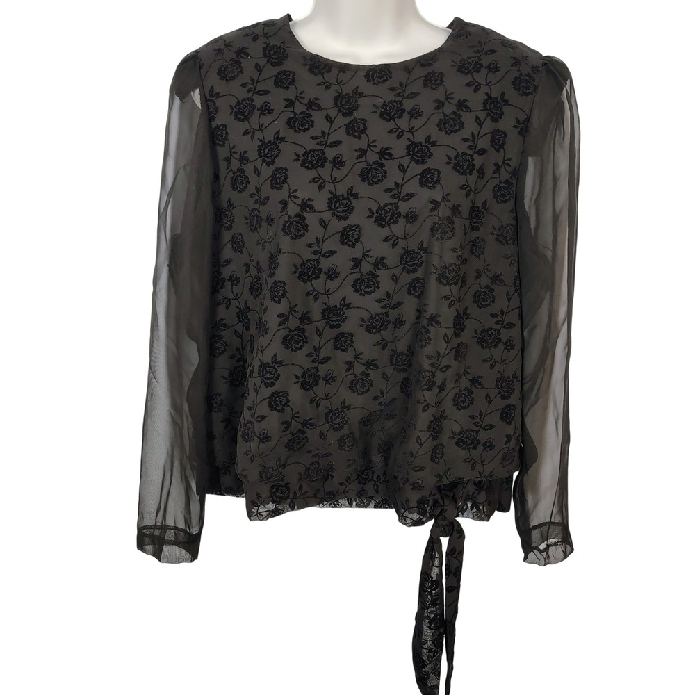R&K Evening Vintage Floral Flocked Sheer Sleeve‎ Side Tie Blouse Grey Black 12